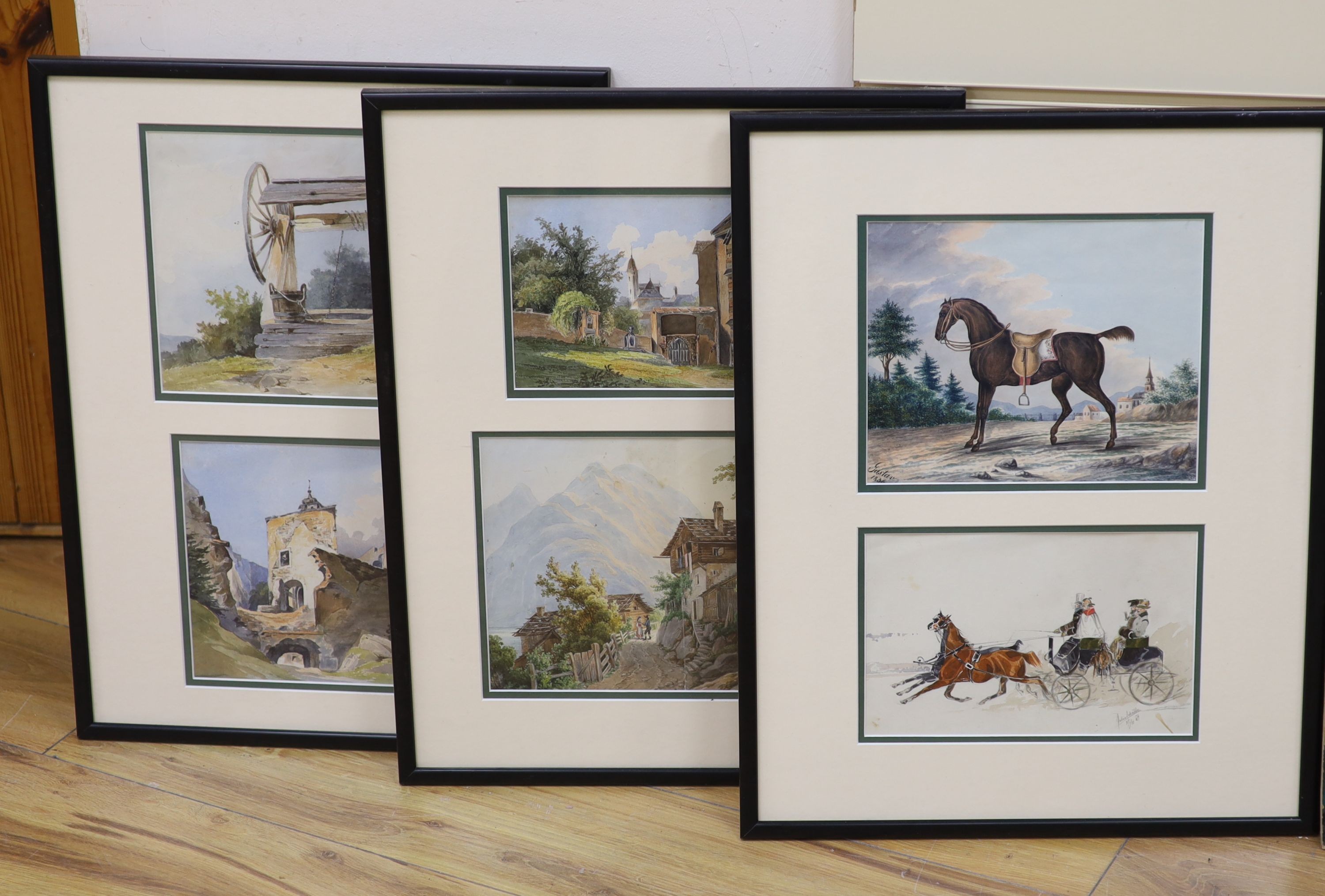 19th century German School, six watercolours, Studies of a horse and cart, a saddled horse and Alpine scenes, one signed Jules Schaffer 1847, the horse signed Gustav 1836, largest 19 x 26cm, in three frames